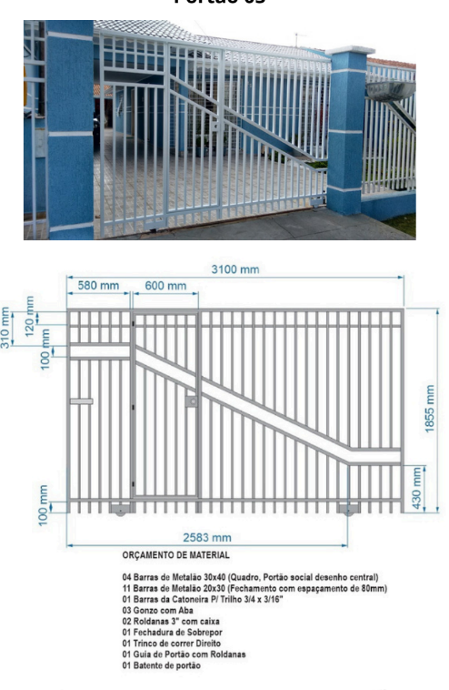 Projeto de portão de correr com foto, dimensões e lista de materiais