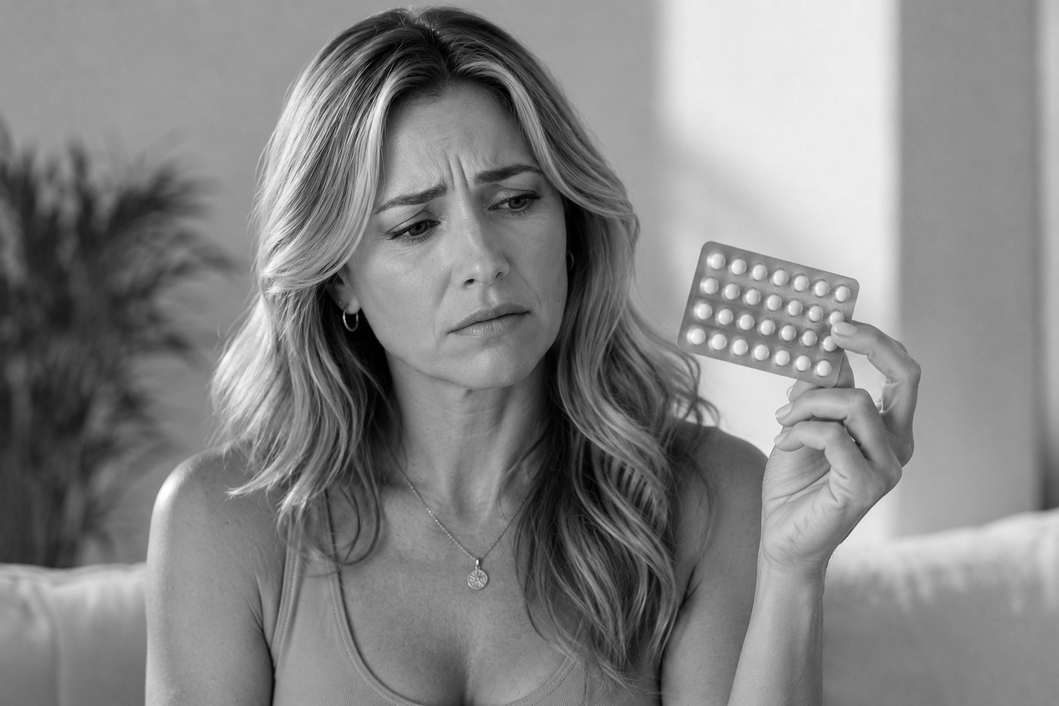 Woman struggling with hormone pills