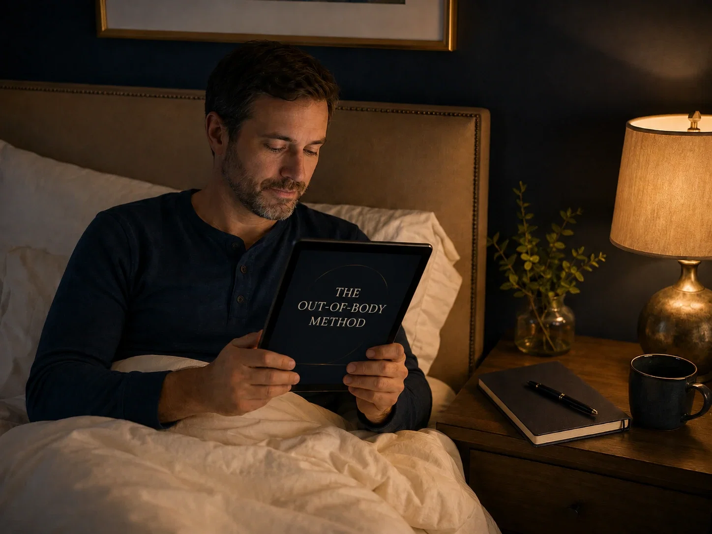 An adult reading The Out-of-Body Method on a tablet in bed before sleep