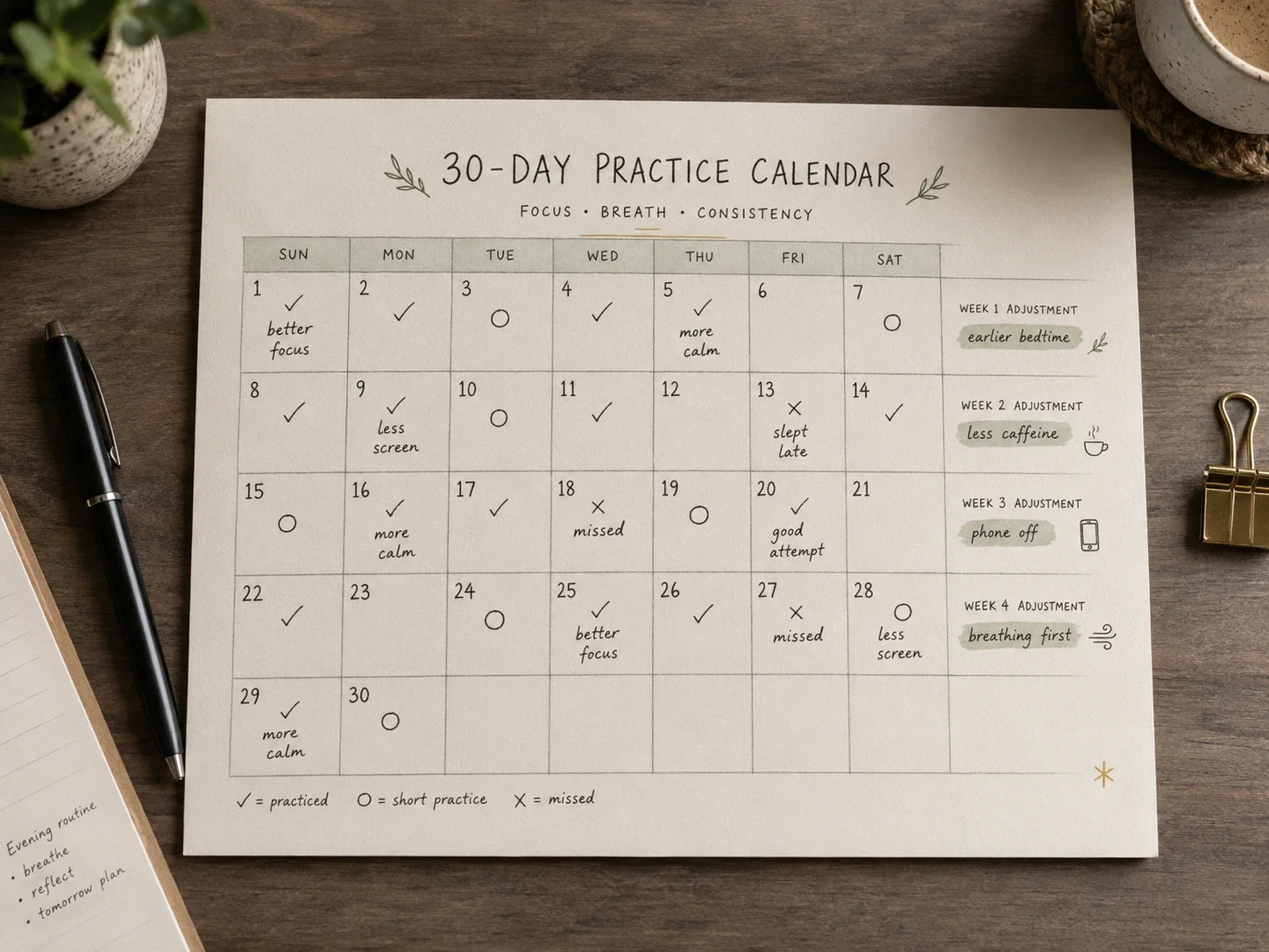 A 30-day practice calendar with a few nights marked and short notes