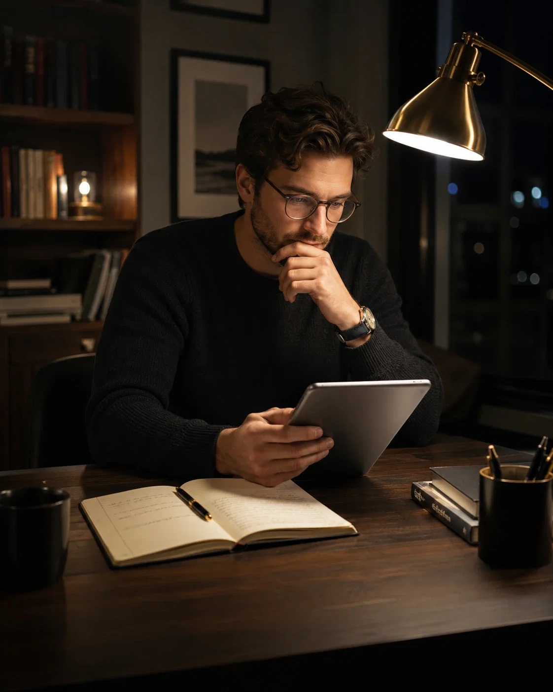 A focused adult reading the guide on a tablet and taking notes at night