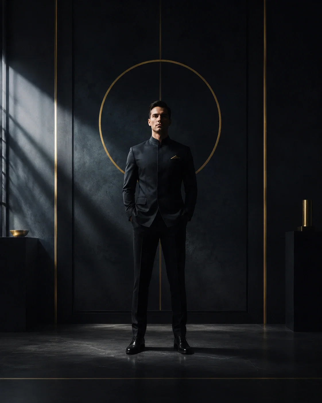 A calm figure standing with clear focus in a simple dim room