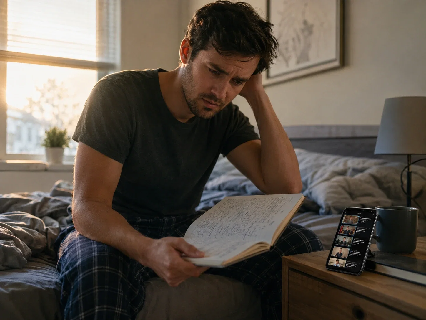 A tired reader at dawn with practice notes and conflicting videos on a phone