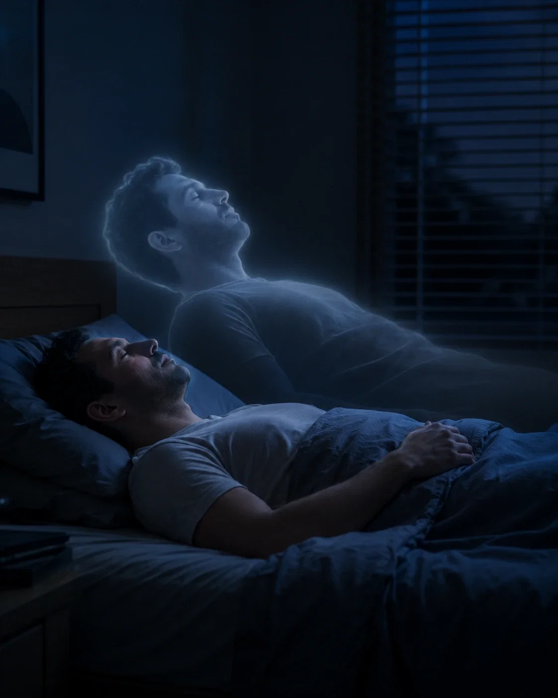 A calm sleeper with a faint translucent outline rising just above the body