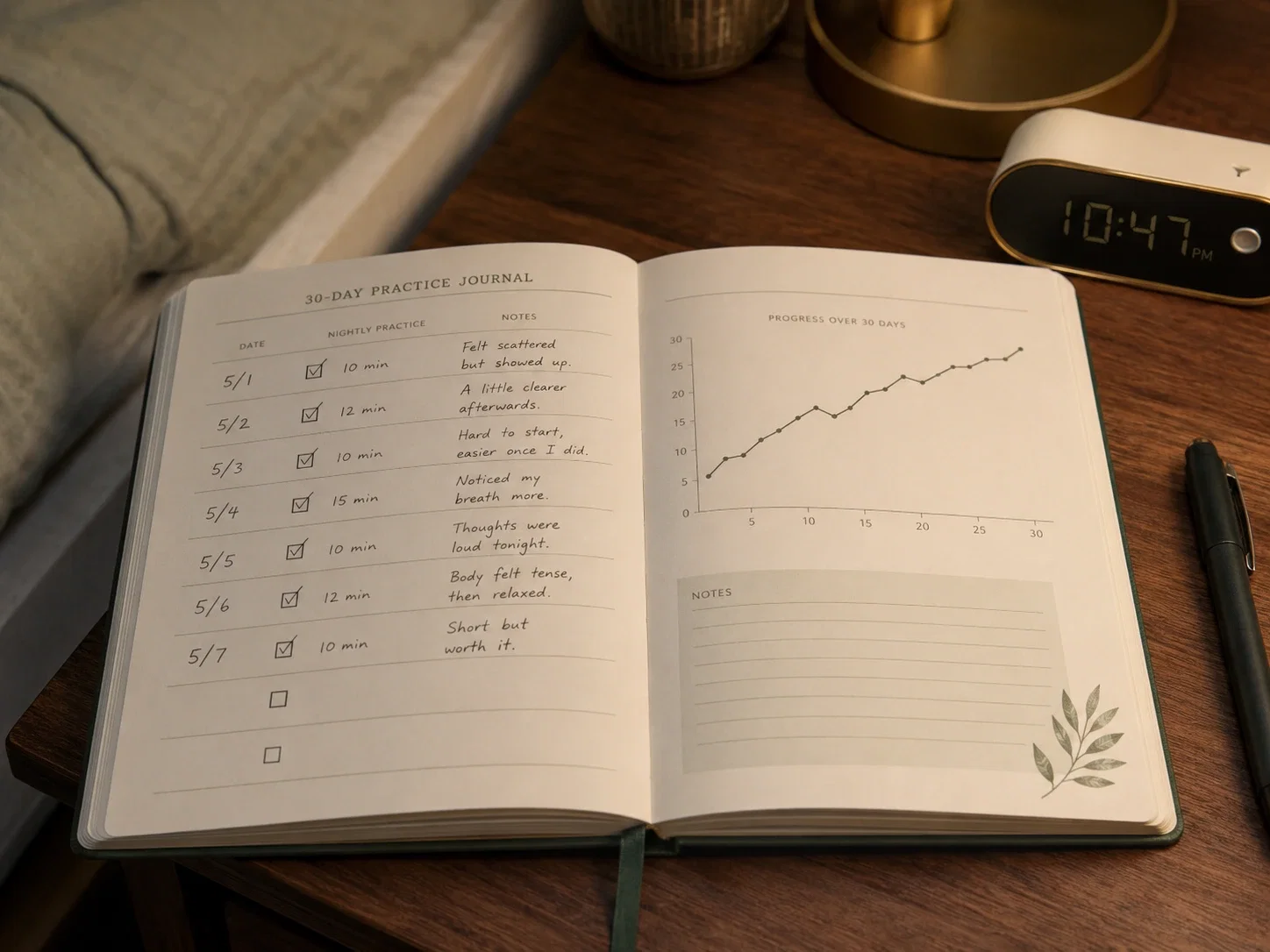 A practice journal with nightly entries and a slow upward progress line