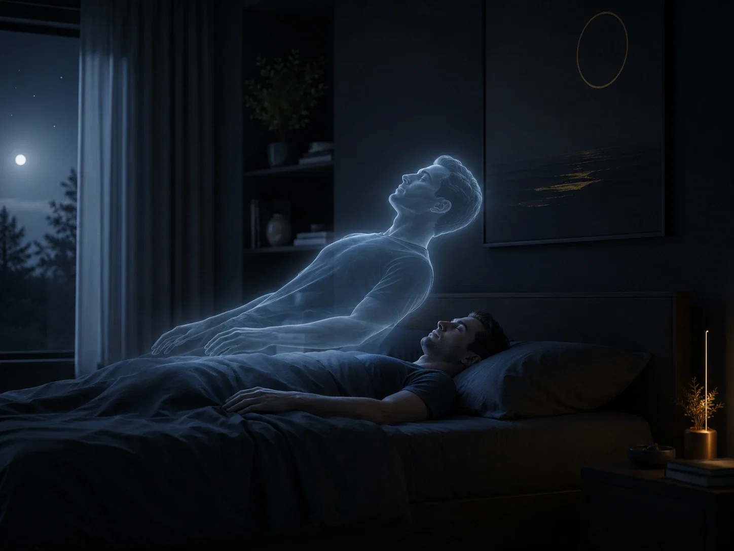 A calm translucent outline beginning a gentle lift above a resting body