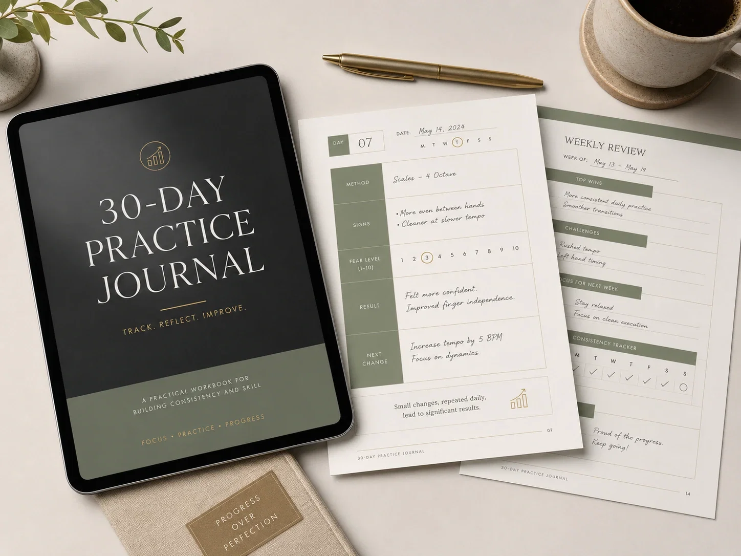 The 30-Day Practice Journal shown on a tablet with printed pages