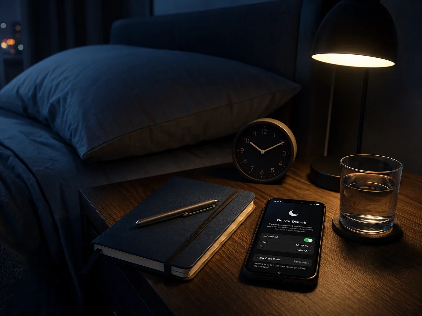 A calm bedside setup with notebook, clock and phone on do not disturb