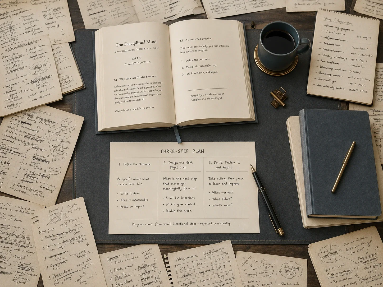 A desk with many crossed-out techniques around one open guide and a simple three-step plan