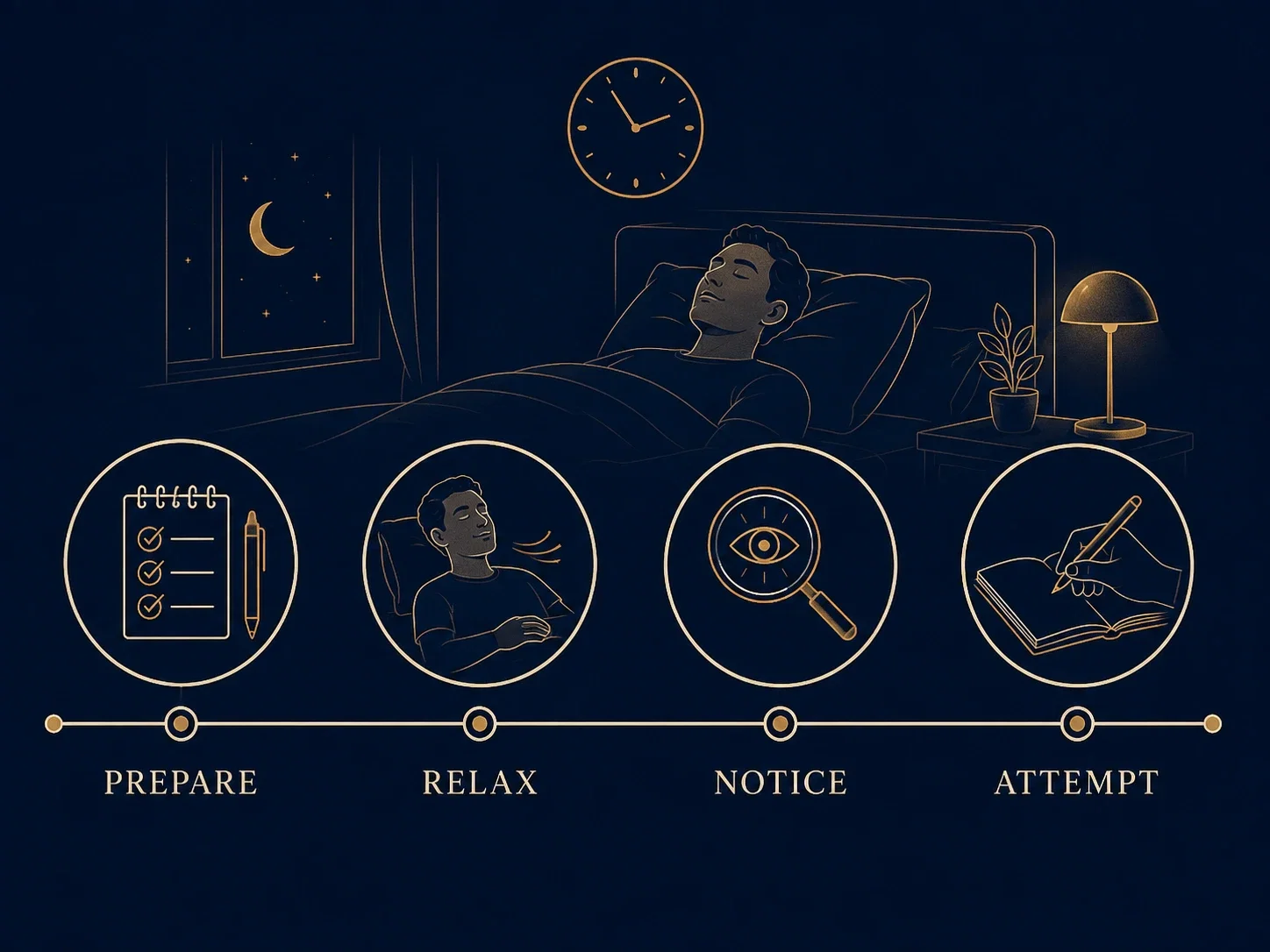 A nighttime timeline showing prepare, relax, notice and attempt