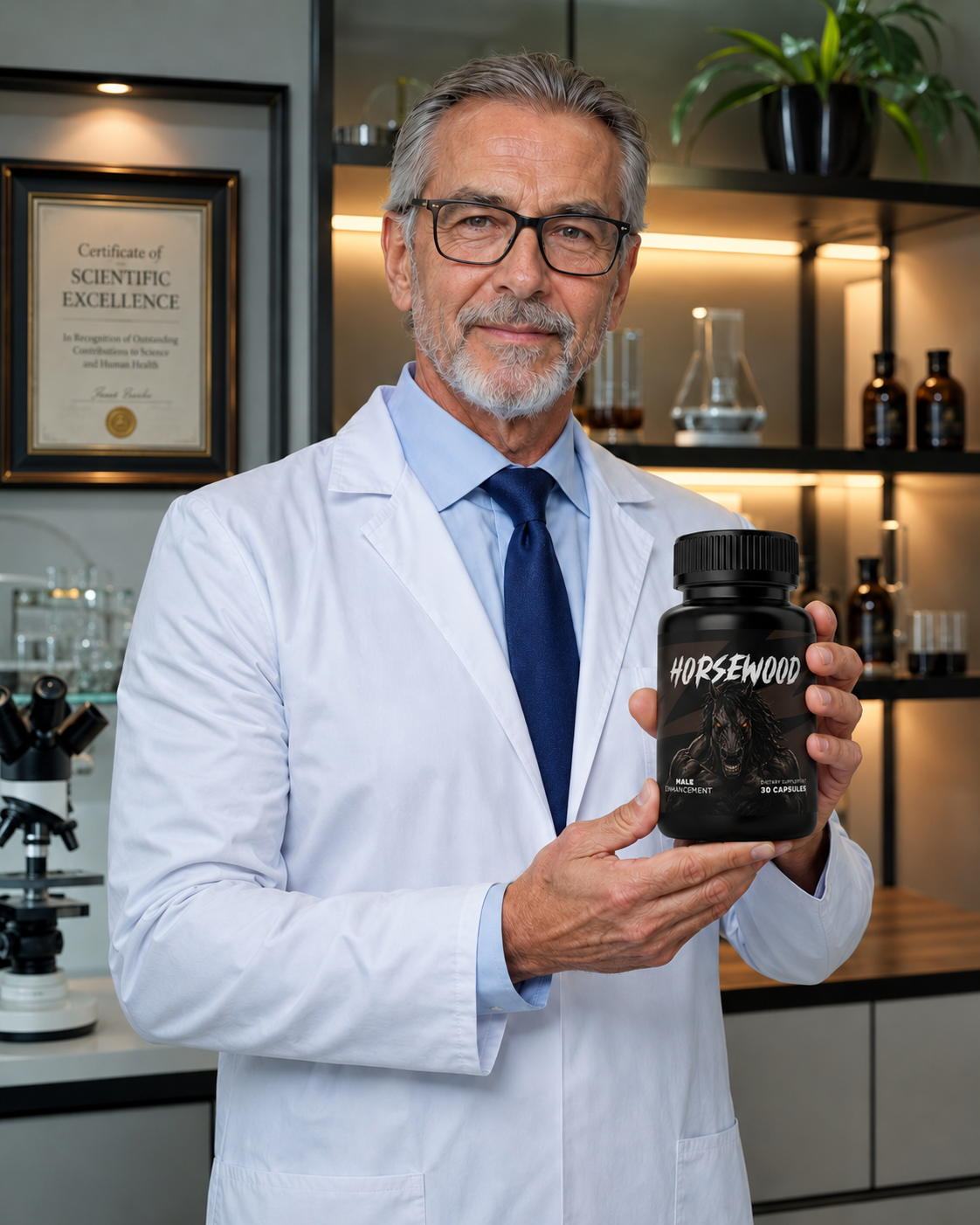 Doctor holding Horsewood bottle