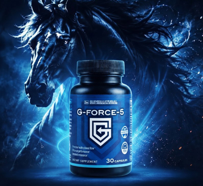 G-Force-5 bottle beside a black horse