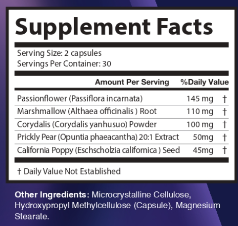 NerveCell Supplement Facts label showing Passionflower 145mg, Marshmallow Root 110mg, Corydalis 100mg, Prickly Pear 50mg, California Poppy 45mg per 2-capsule serving
