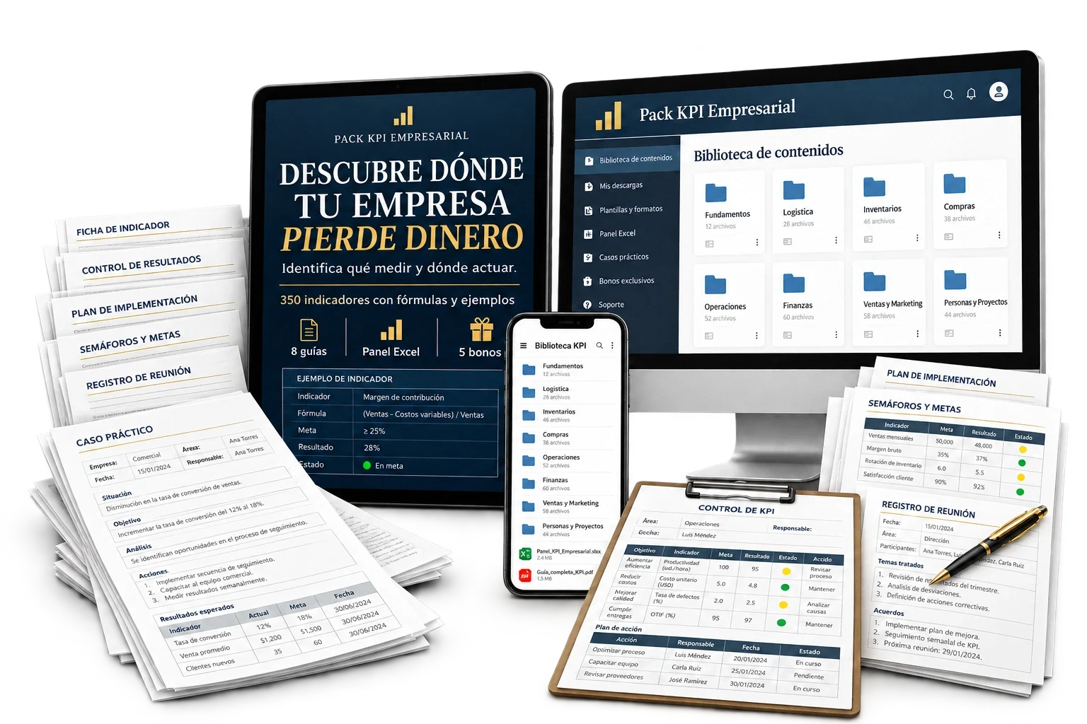 Pack KPI Empresarial: 350 indicadores, 8 guías, panel Excel y 5 bonos