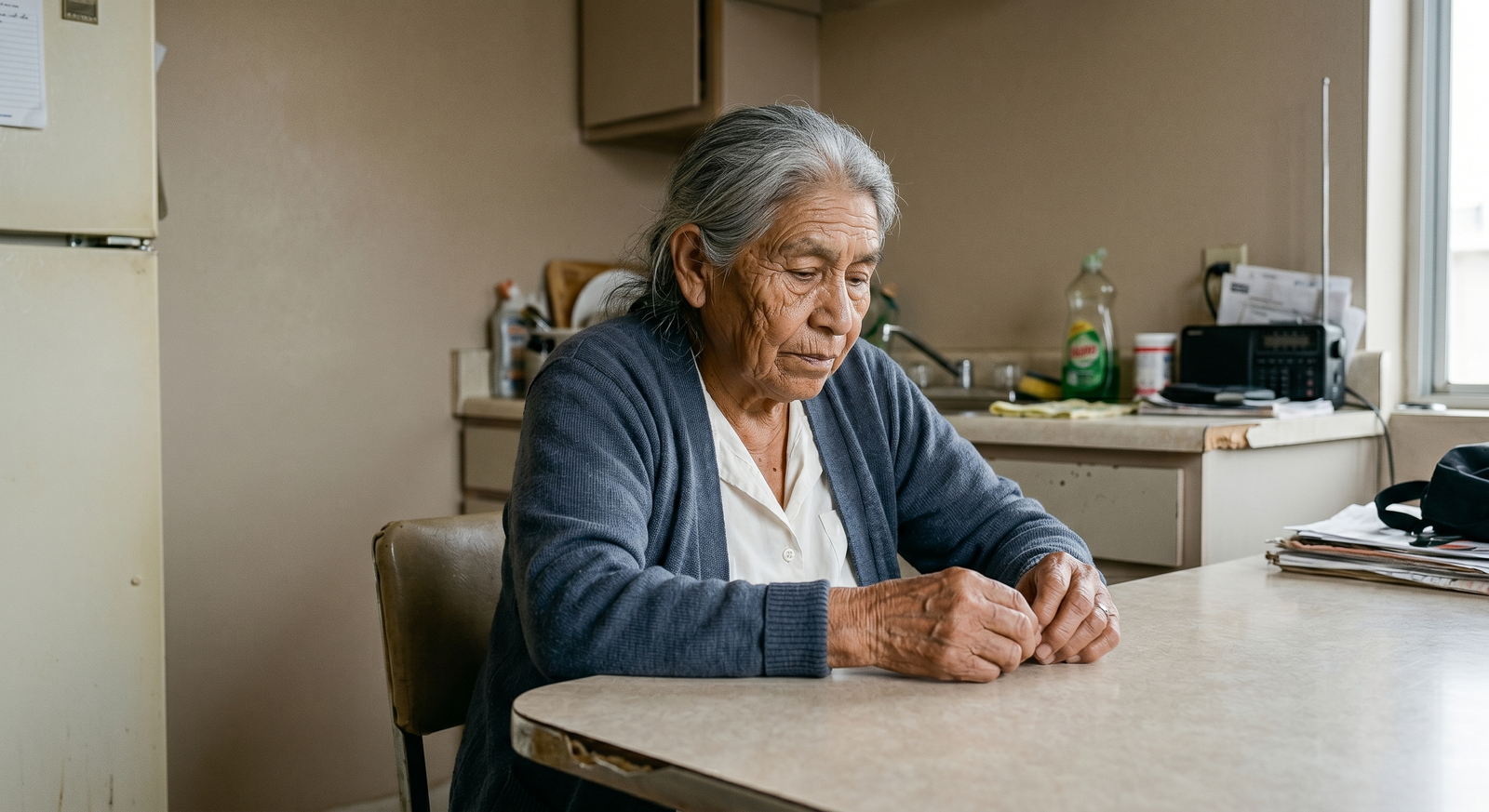Doña Concepción, sentada en su cocina