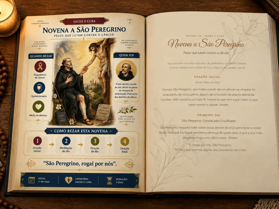 Livro aberto com página do santo e página de oração