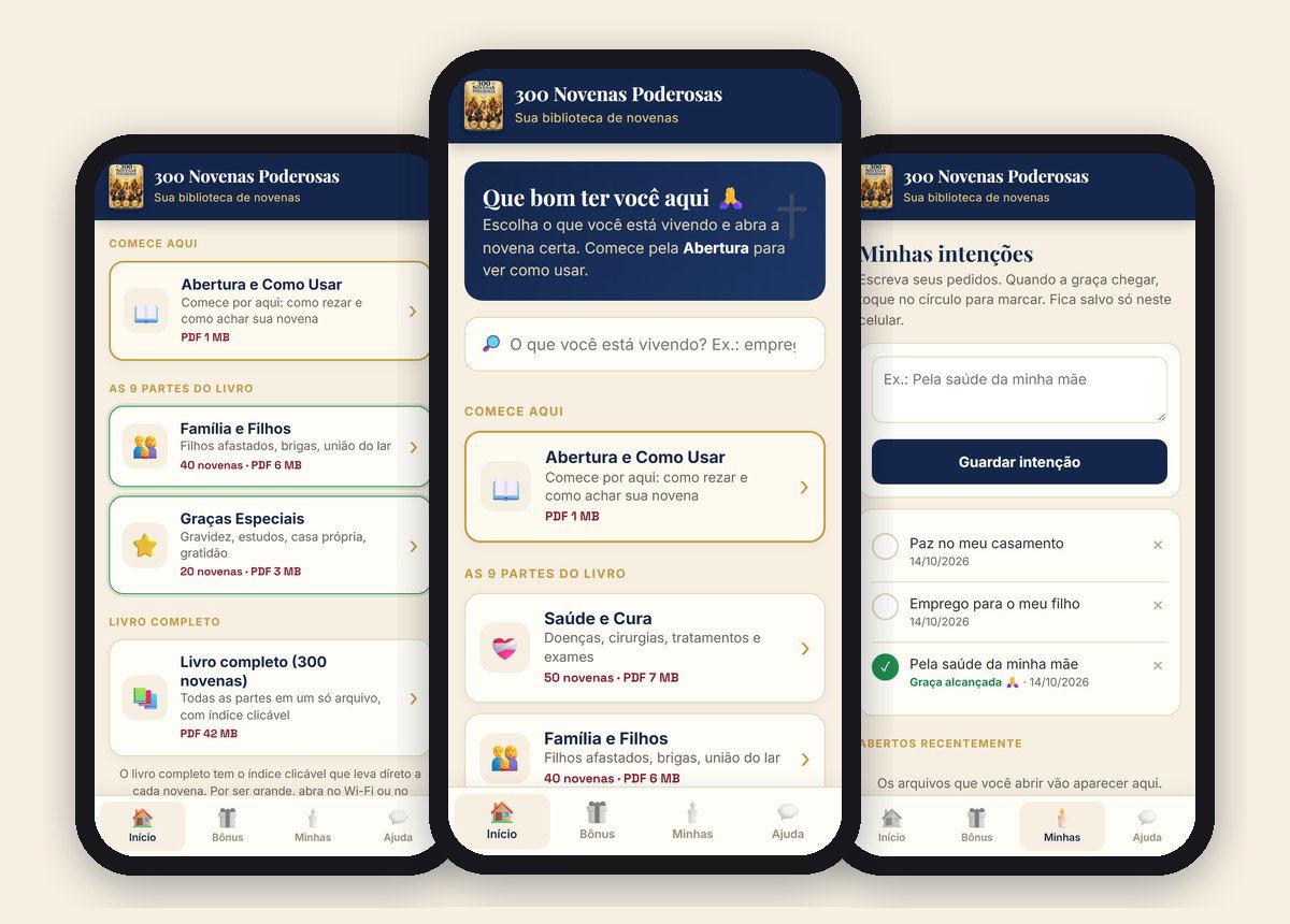 O app das 300 Novenas por dentro: tela inicial, busca e Minhas intenções