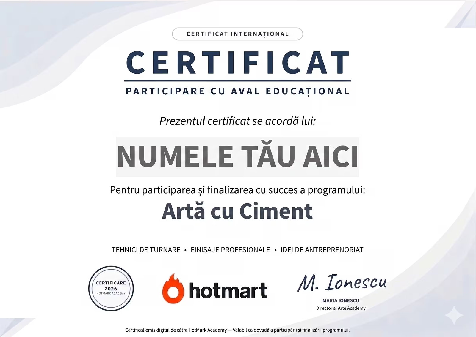 Certificat de participare la cursul Artă cu Ciment