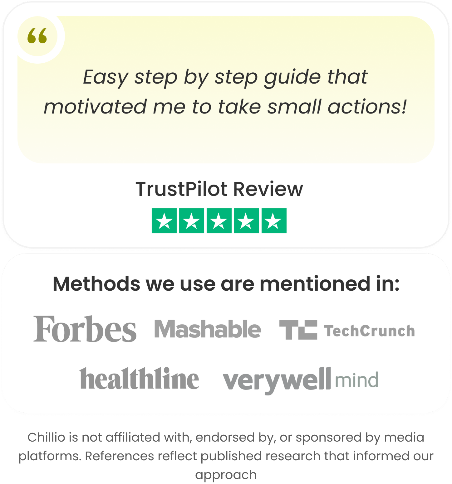 Easy step by step guide that motivated me to take small actions! TrustPilot review. Methods we use are mentioned in Forbes, Mashable, TechCrunch, Healthline, Verywell Mind