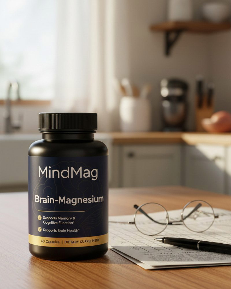MindMag bottle beside crossword puzzle
