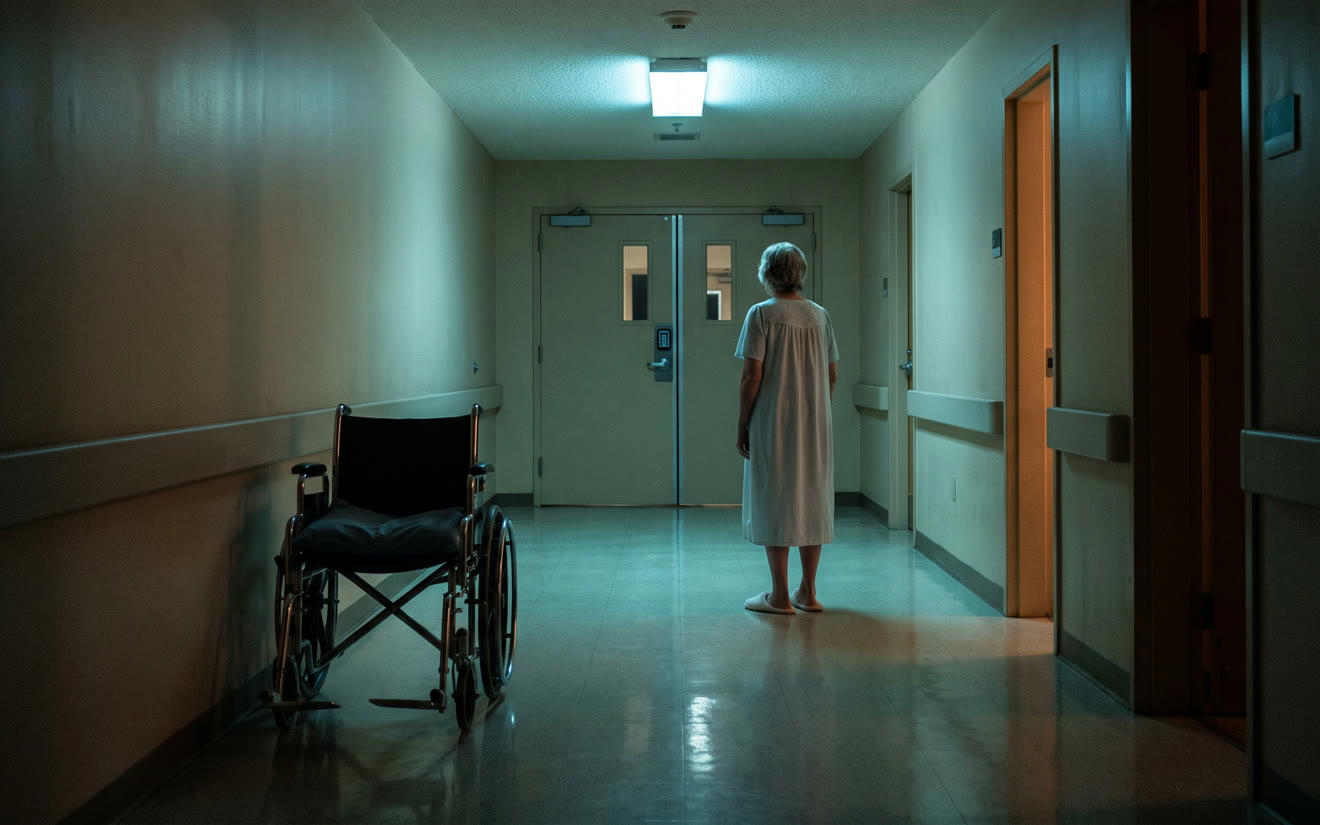 Older woman standing alone in a dim care-facility hallway