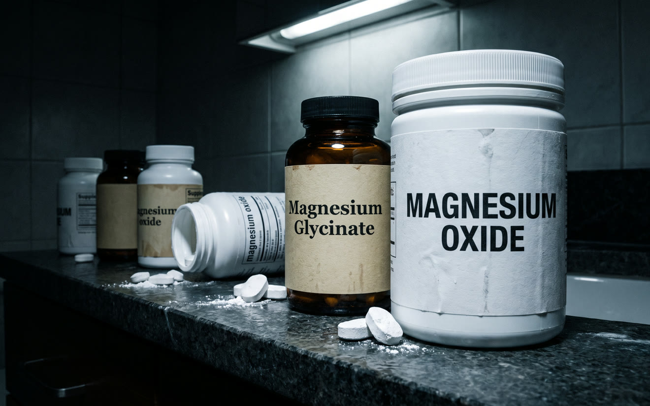 Magnesium oxide and magnesium glycinate bottles on a counter