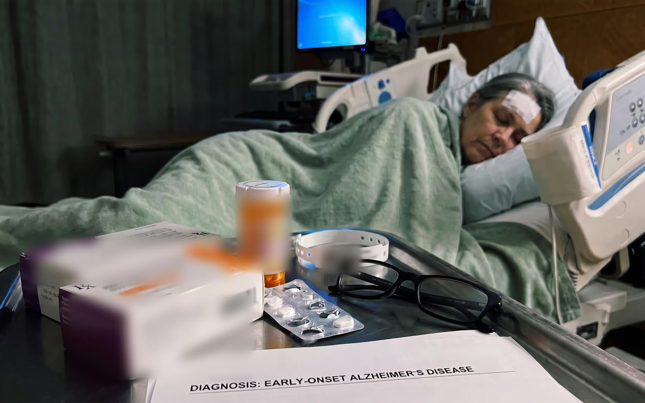 Hospital bedside table with medication and a diagnosis sheet