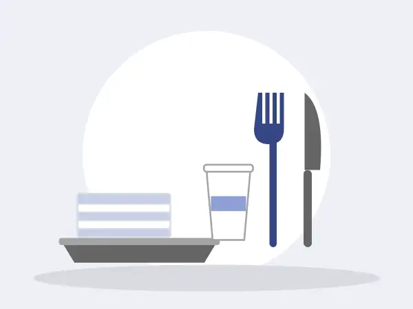 Ilustração de talheres, bandeja e guardanapos descartáveis fornecidos pela Elo Distribuidora