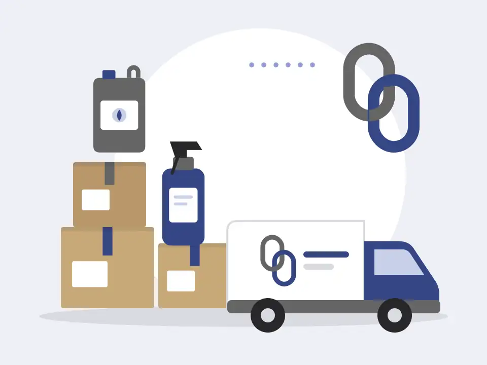 Ilustração de caixas de produtos de limpeza e veículo de entrega da Elo Distribuidora