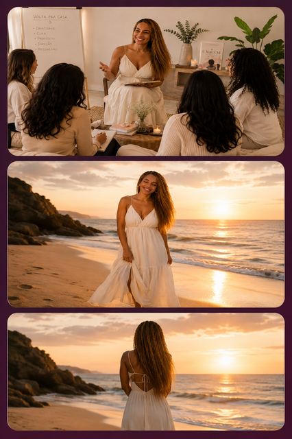 Kehya Olíver — mentoria em grupo e momentos na praia ao pôr do sol