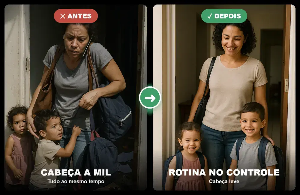 Antes e depois: carrinho quase vazio custando caro e despensa bagunçada, depois despensa cheia e organizada com a família tranquila