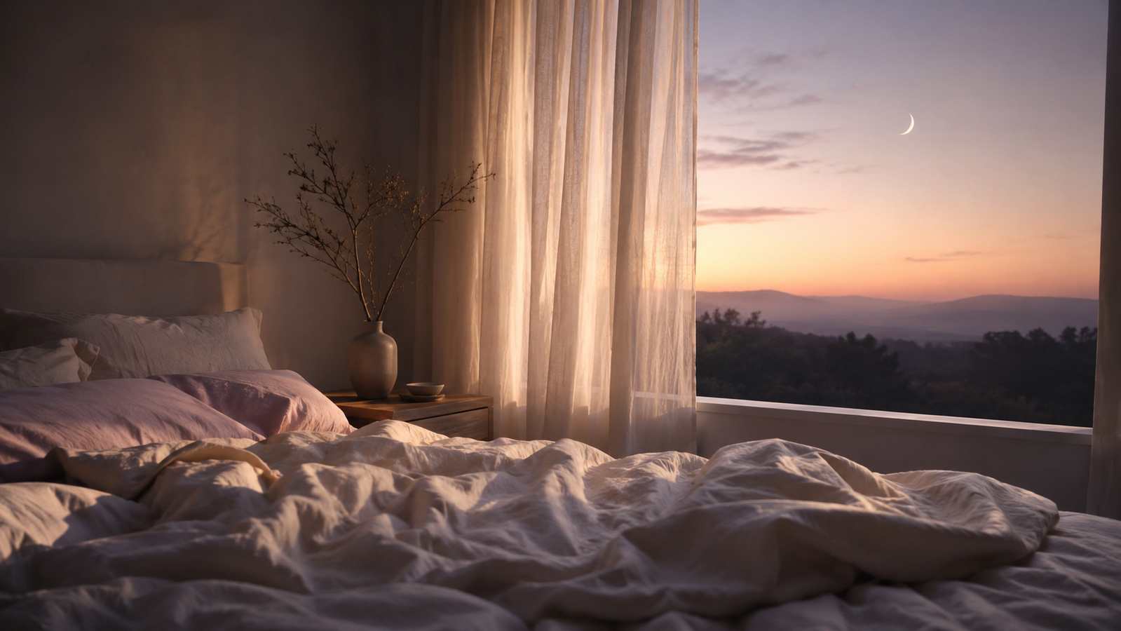 A calm bedroom at the quiet turn from night to dawn