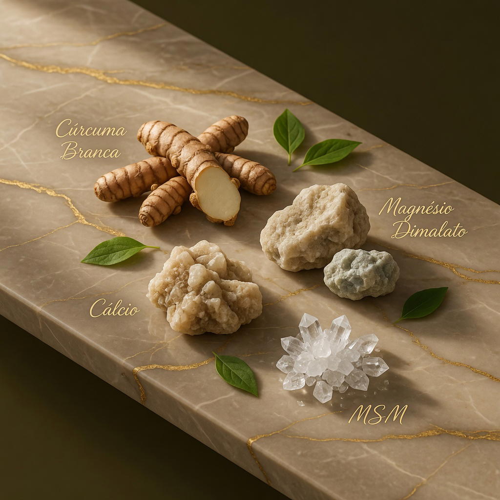Ingredientes naturais CurcuWhite - Curcuma Branca, Magnesio Dimalato, Calcio, MSM