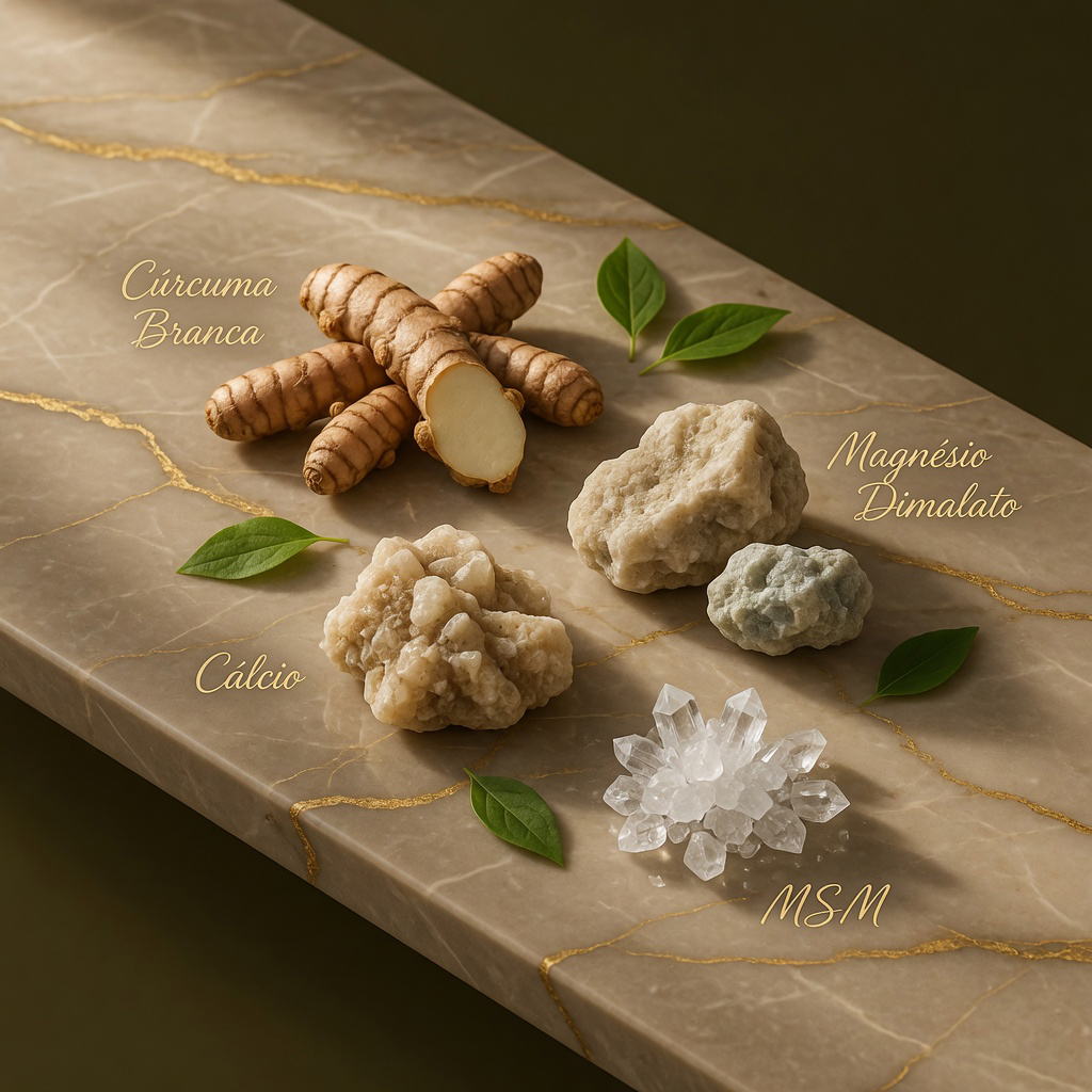 Ingredientes naturais CurcuWhite - Curcuma Branca, Magnesio Dimalato, Calcio, MSM