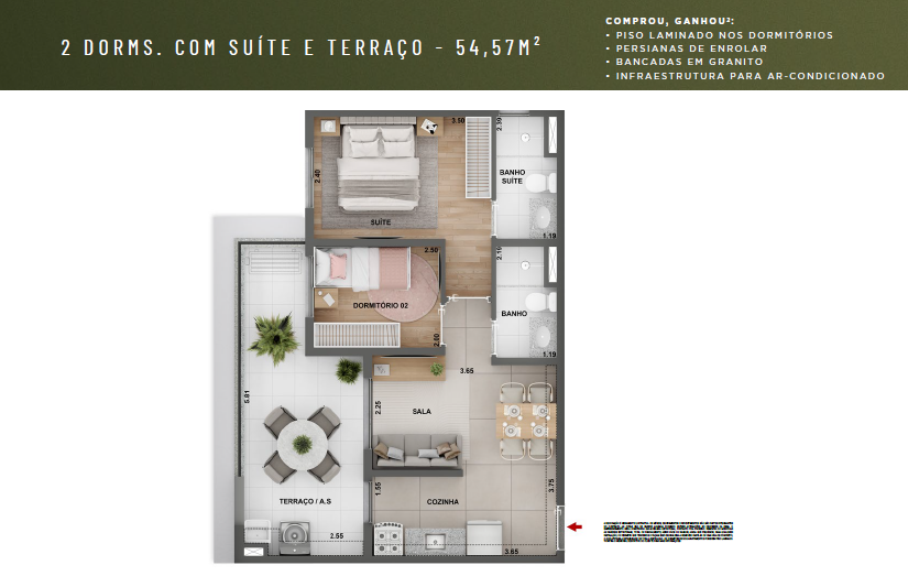 Planta de 2 dormitórios com suíte e terraço, 54,57 m²