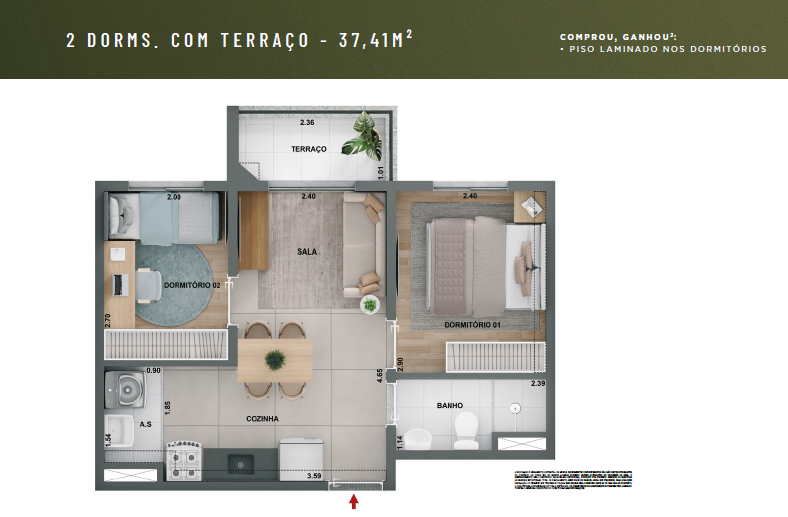 Planta de 2 dormitórios com terraço, 37,41 m²