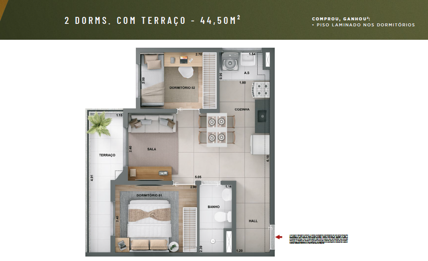 Planta de 2 dormitórios com terraço, 44,50 m²