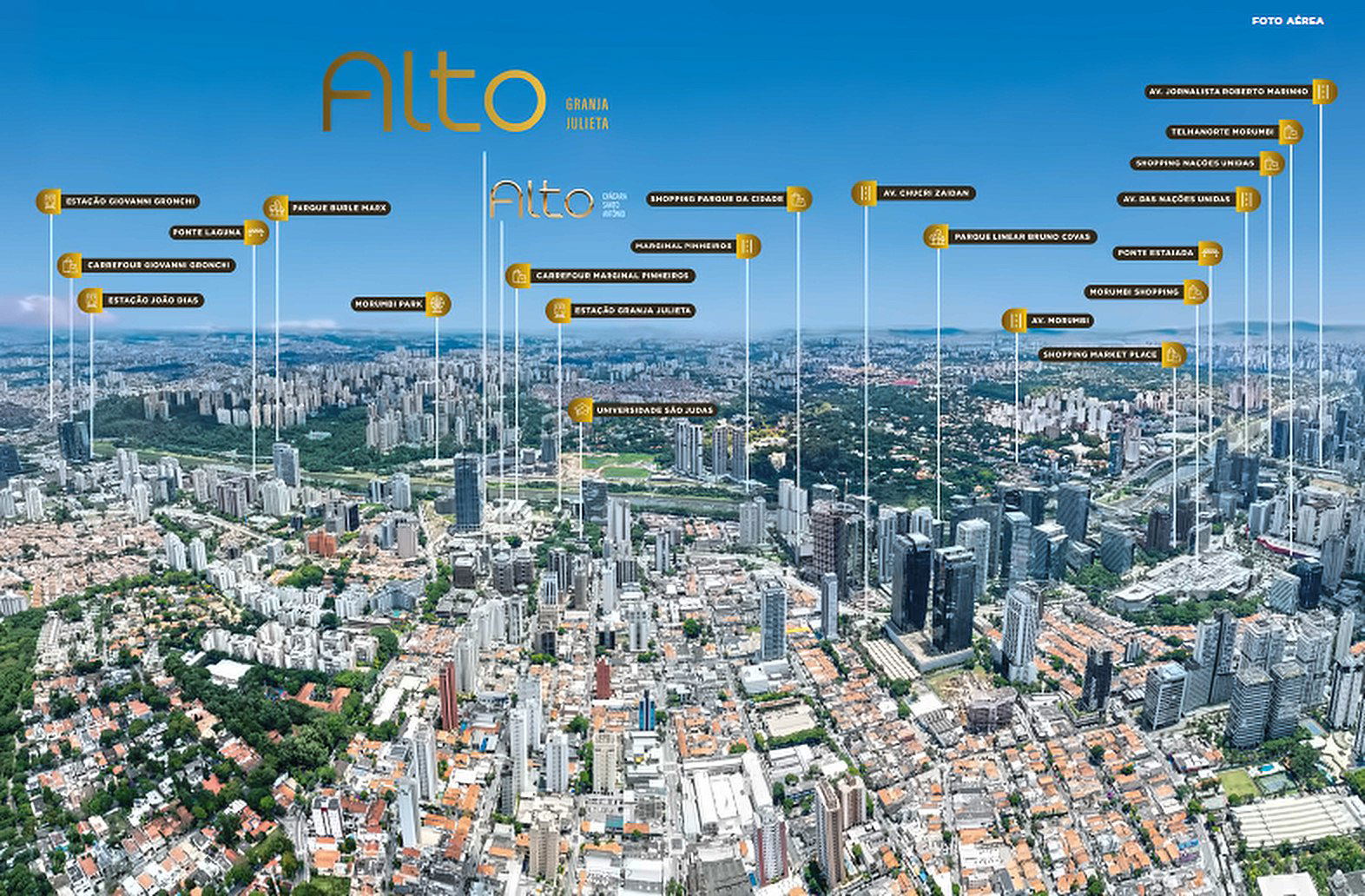 Foto aérea da região com estação, shoppings, parques e avenidas próximos ao Alto Granja Julieta