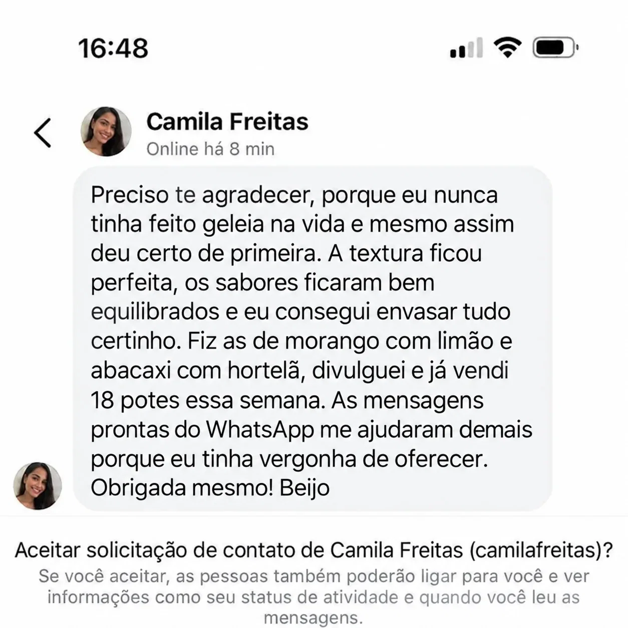 Depoimento de Camila Freitas — 18 potes na primeira semana