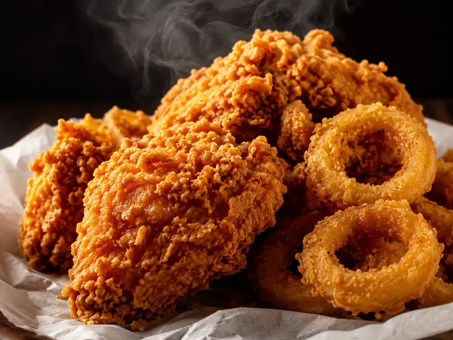 Gluten-free fried chicken and crispy onion rings