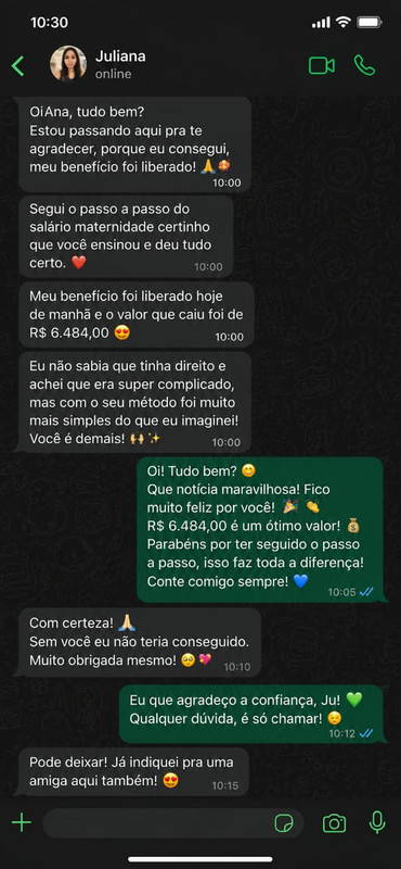 Print de conversa no WhatsApp com a Juliana agradecendo pela liberação do salário maternidade