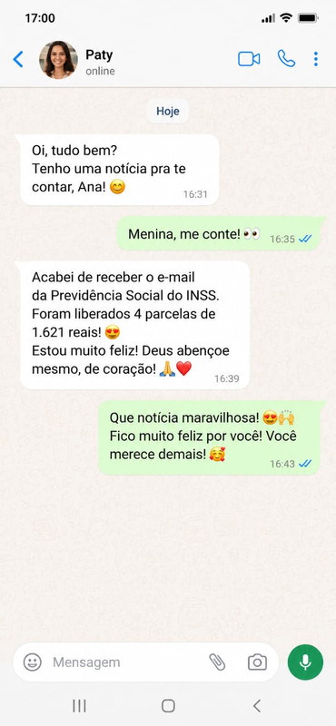 Print de conversa no WhatsApp com a Patrícia contando que o benefício foi liberado pelo INSS