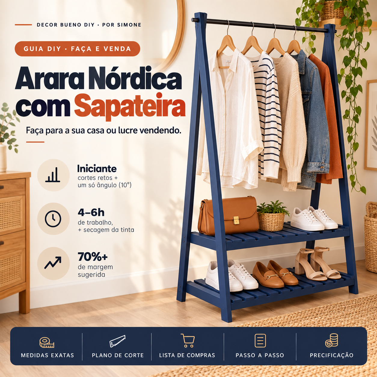 Arara Nórdica com sapateira em azul-marinho, com roupas no varão e sapatos nas prateleiras ripadas