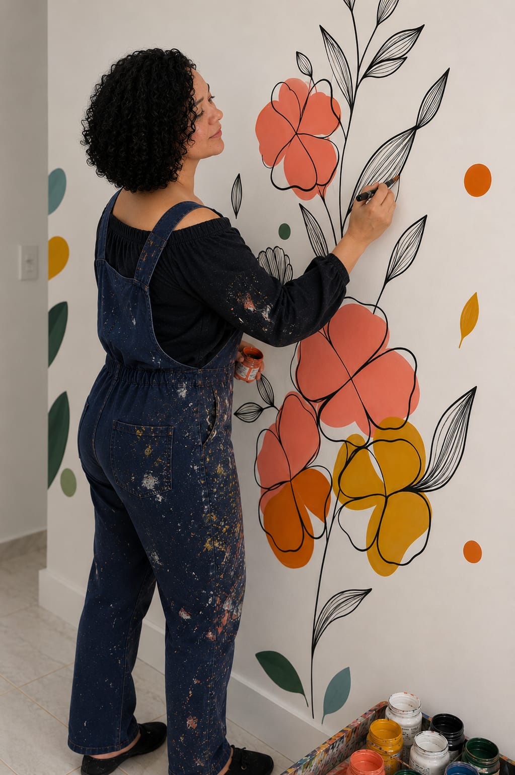 Simone na oficina com óculos de proteção e abafador, em frente ao banner da Decor Bueno