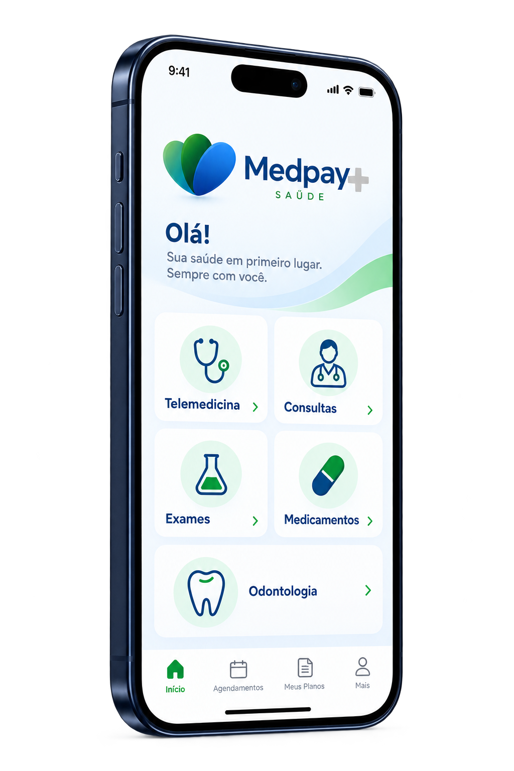 Mockup realista do aplicativo Medpay Saúde em um smartphone