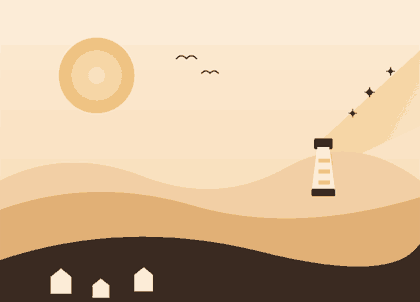 Ilustração de um farol a iluminar pequenos negócios ao amanhecer