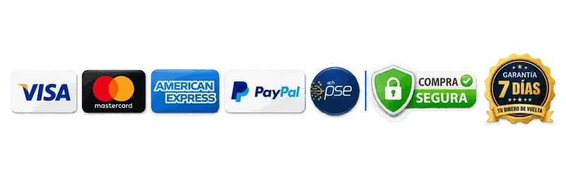 Visa, Mastercard, American Express, PayPal, PSE, compra segura y garantía de 7 días