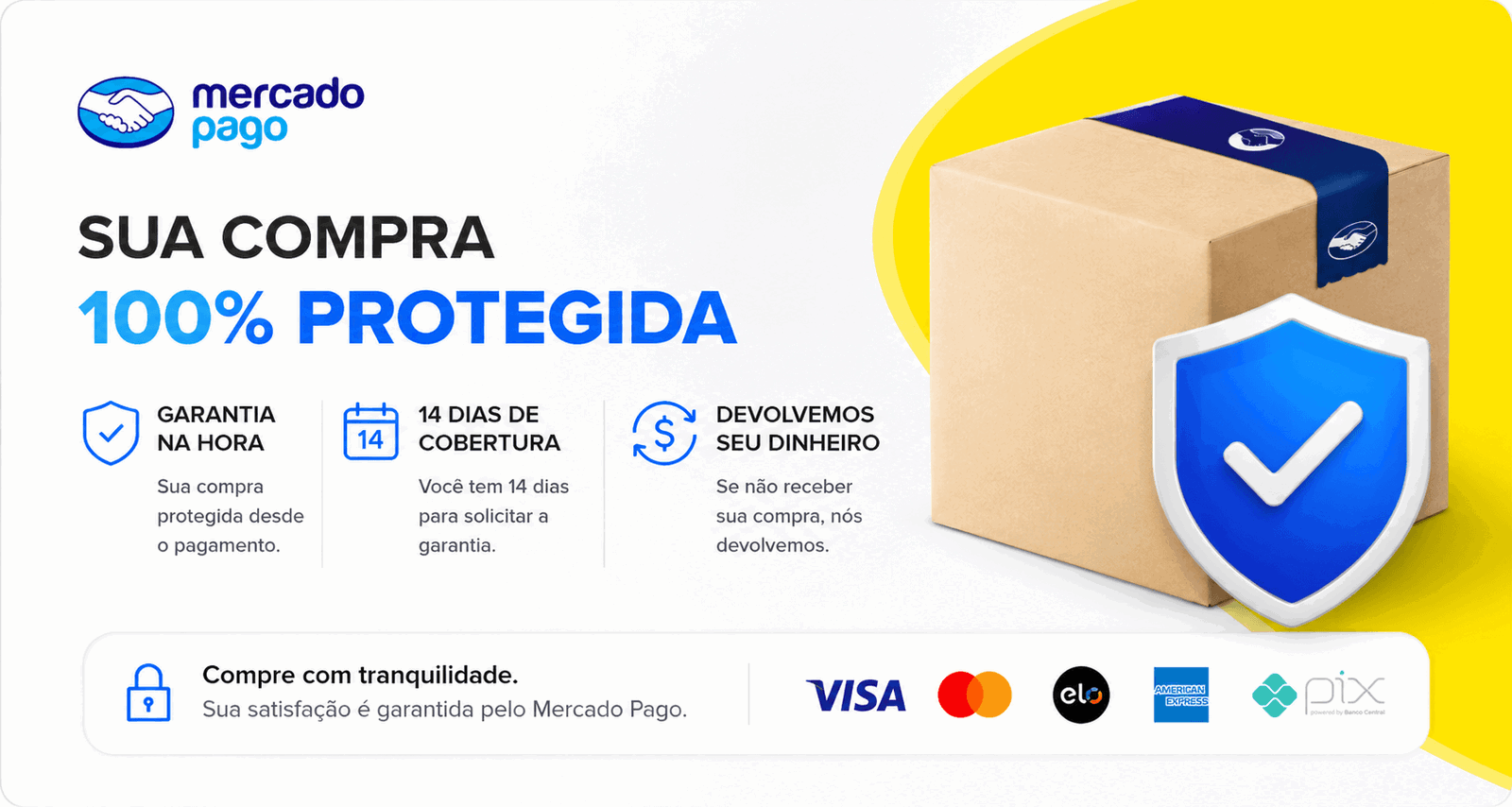 Mercado Pago: sua compra 100% protegida, com garantia na hora, 14 dias de cobertura e devolução do dinheiro