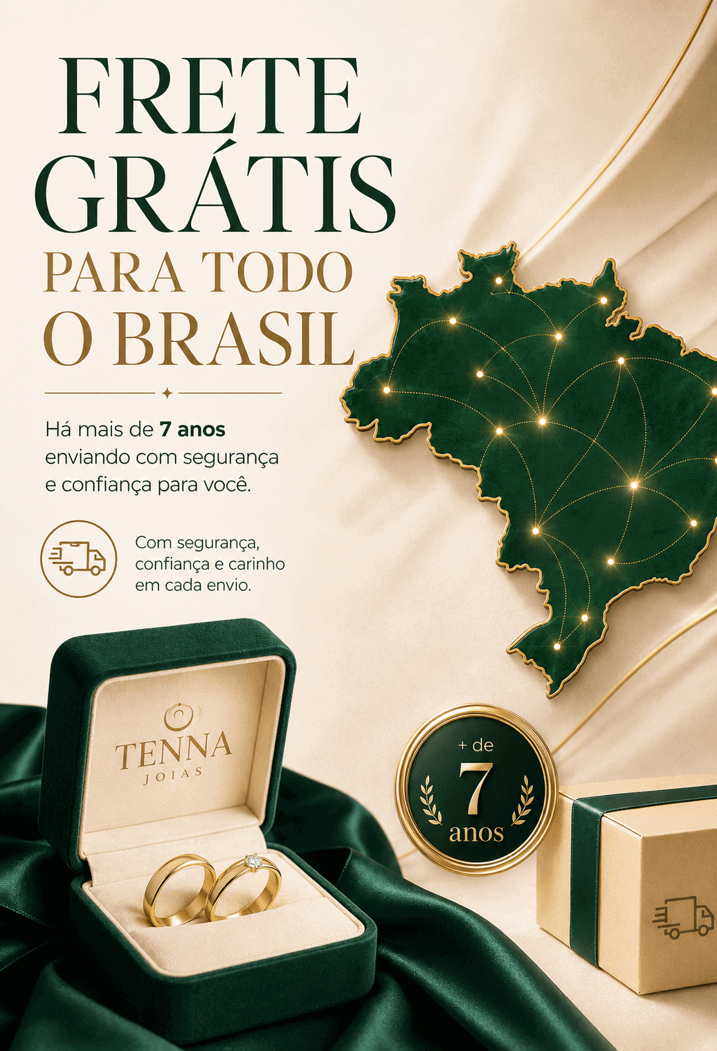 Frete grátis para todo o Brasil: alianças Tenna Joias na caixa, com o mapa do Brasil