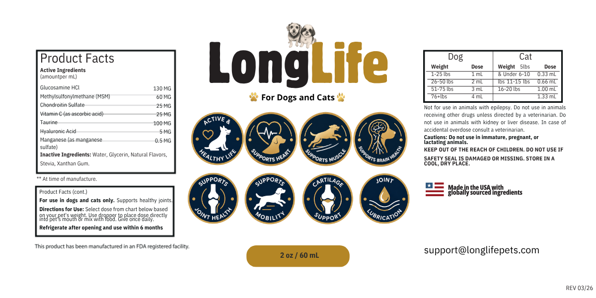 LongLife product label with supplement facts and dosage chart